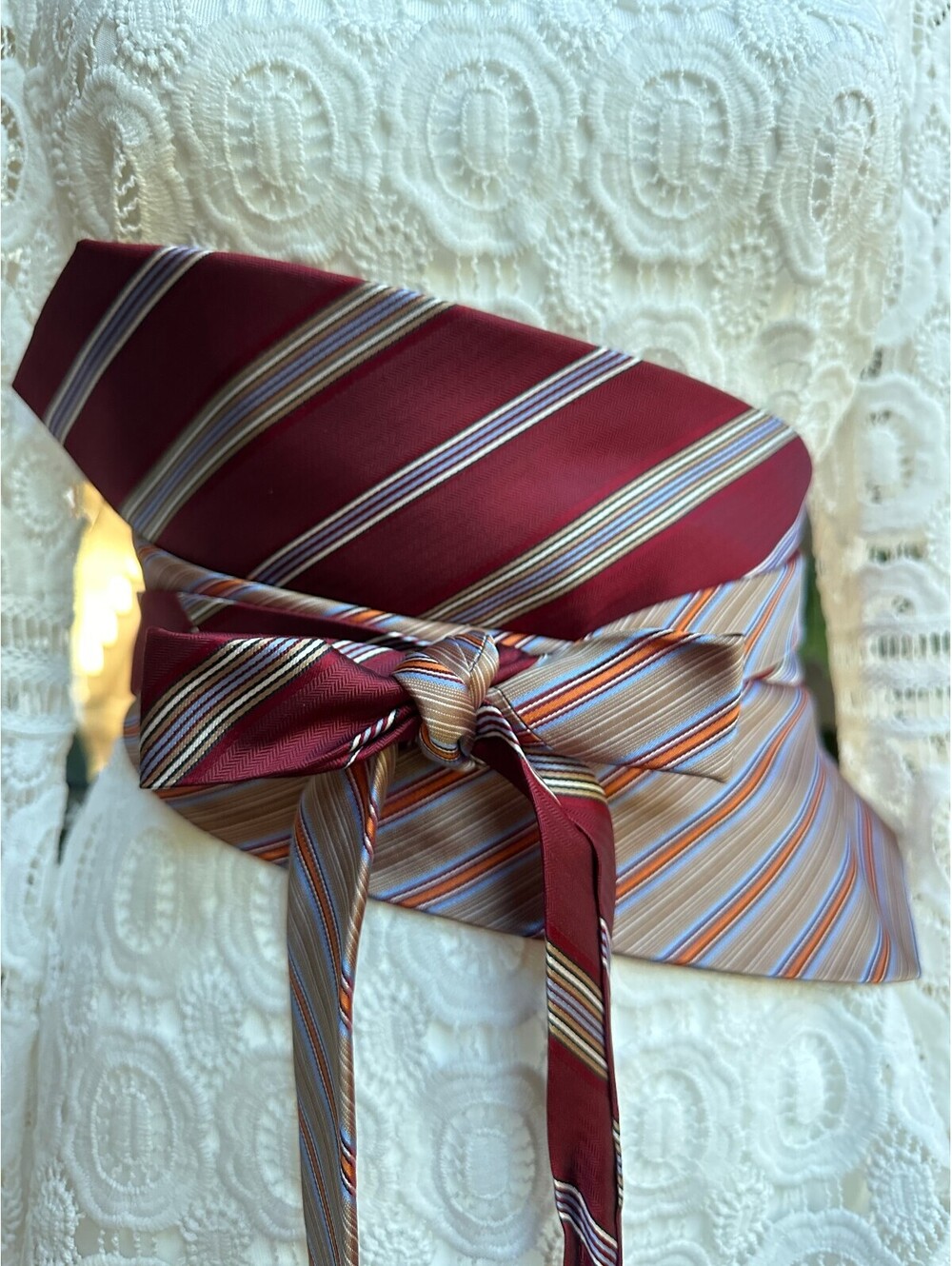 Burgundy & Tan Upcycled Silk Obi Belt | Corset Style | OOAK | OS